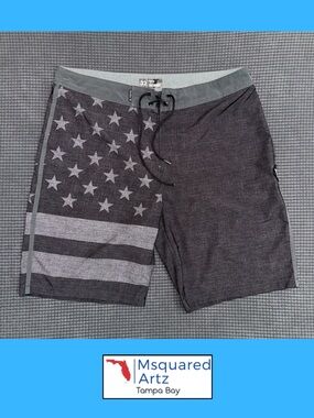 Hurley Gray USA Flag Board Shorts Size 32 Surf Swim Performance